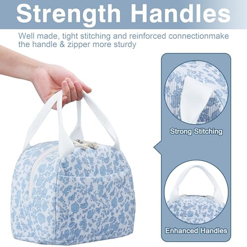 TESAFNG Lunch Bag - Insulated Lunch Box for Women, Reusable Large Capacity Cooler Bag for Adult, Small Leakproof Cute Corduroy Lunch Tote for Work Office Travel Picnic (Corduroy Blue-Flower)