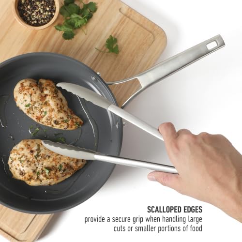 Calphalon Edge Kitchen Tongs, Stainless Steel Locking Tongs with Heat-Resistant Silicone Heads, Nonstick-Safe Cooking Tongs for Grilling, Serving & Food Prep, Taupe