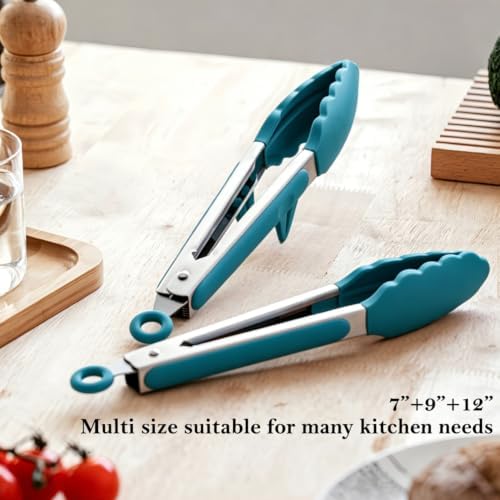 Kitchen Tongs for Cooking with Silicone Tips, 3 Size Mini Tong Peacock Blue