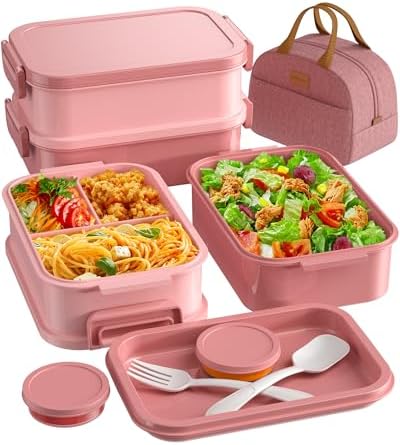 Adults Bento Lunch Box Set with Thermo Bag, 74oz Stackable Leak-proof 3-tiers Bento Box, Built-in Utensil and Sauce Container for Work, School, Dining Out (Pink)