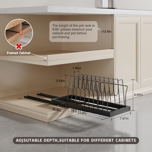 Magheo 2 Pack Pots and Pans Organizer Under Cabinet, 22" Deep Expandable Pull Out Pot Lid Organizer and Storage with 10 Adjustable Dividers No Drill Pot and Pan Holder Rack with Handle Bracket(Black)