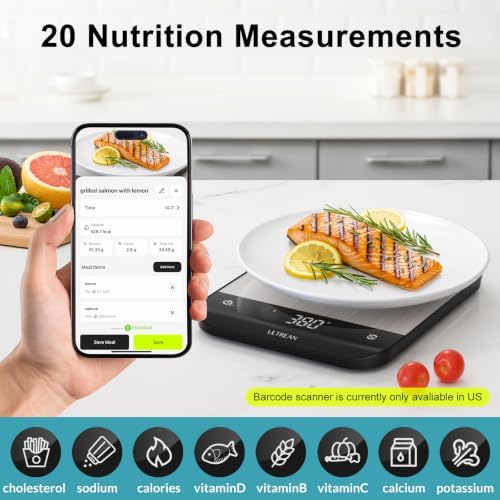 Ultrean Smart Food Kitchen Scale with Nutritional Calculator, App for Macro & Calorie Tracking, AI Scan, Digital Grams and Ounces for Weight Loss, Rechargeable, Stainless Steel, 33lb /15kg