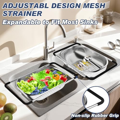 Over the Sink Colander, Expandable Strainers and Colanders with Fine Mesh, Colander for Kitchen with Rubber Grip for Draining Pasta, Vegetables and Fruits - Essential Kitchen Sink Strainer
