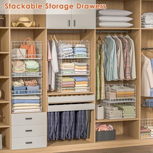 Yociyoga 8-Tier Stackable Closet Organizers and Storage Shelves, Foldable Closet Shelf Organizer, Stackable Storage Bins Drawers for Closet Organizer System, White(Patent No. 30022416)