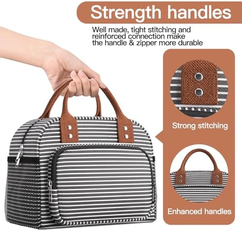 Lunch Bag for Women, Insulated Lunch Box for Women Men Work Adult, Cute Lunch Tote Large Capacity Reusable Cooler Containers for Picnic Travel Office or Beach (Black and White Stripes)