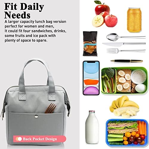 Mziart Insulated Lunch Bag Simple Cute Lunch Box for Women Men, Grey, Small