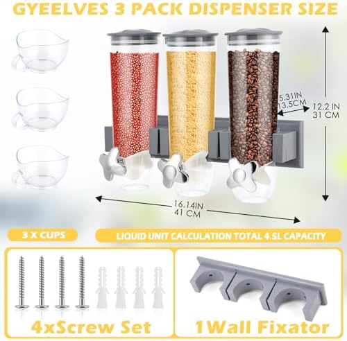 Triple Food Dispenser - 3 Set Easy To Use Dry Food Dispenser for Candy, Nuts, Rice, Granola, Cereal - Dispensing 1 Oz Per Twist And Preserving Freshness For Fun, Easy Serving.5.4 L (Each Set)(Gray)