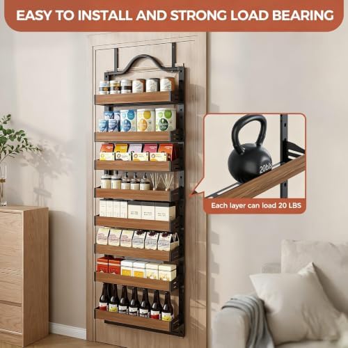 8-Tier Pantry Door Organizer, Over the Door Pantry Organizer with Wooden Adjustable Baskets, 2 IN 1 Spice Rack Wall Mount or Door Organizer, Door Spice Rack for Pantry（72.6×17.1×5.1in,Black)