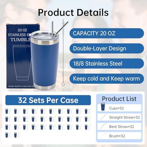 IEOVIEE 32 Pack 20oz Stainless Steel Insulated Bulk Tumblers with Lid&Straw