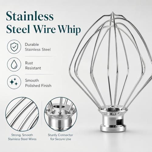 Wire Whip Attachment for 4.5-5 Qt Tilt-Head Stand Mixer, Stainless Steel 6-Wire Whisk Mixer Attachment, Replacement Part Compatible with KitchenAid