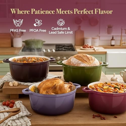 Vintage Style 4.5 Quart Dutch Oven Pot with Lid, Non Stick Enameled Cast Iron Dutch Oven for Bread Baking, Heavy-Duty, Oven Safe Ceramic Cookware Up to 500°F for Baking, Braising, Stews, Roasting, Rose