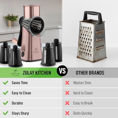 Rotary Cheese Grater Manual Hand Crank 5 Blade Shredder, Rose Gold & Black