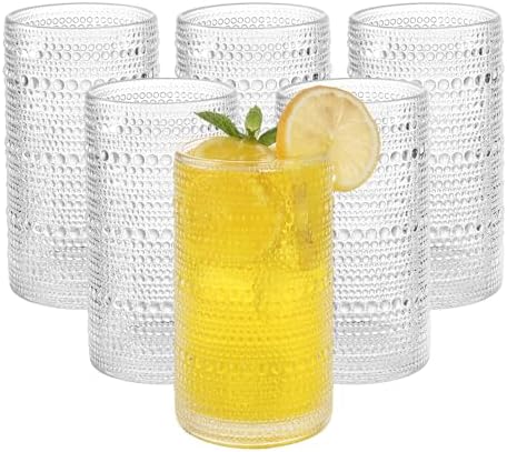 Vintage Hobnail Drinking Glasses Set of 6, 16 oz Large Capacity Embossed Clear Tumblers, Highball Glasses for Water, Cocktail, Beer, Whiskey, Kitchen & Bar Use