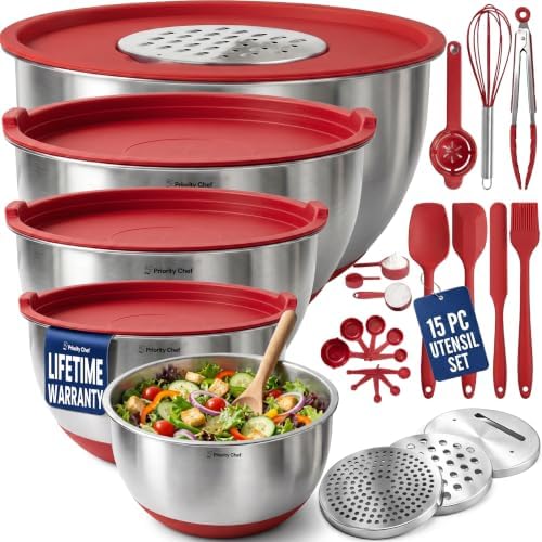 28pc Stainless Steel Mixing Bowls with Lids Set, 1.5-5 Qt, Red