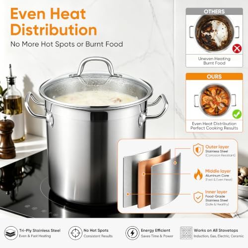 E-far 12 Quart Tri-Ply Stock Pot with Lid, Stainless Steel Cooking Pot