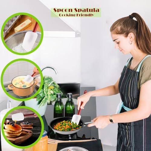 Kitchy Silicone Rubber Spatula and Spoon Set - High Heat Spatula Spoon, Commercial Cooking Set (1 Spoonula + 2 Scrapers, 14 Inches)
