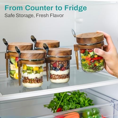 LANDNEOO 4 Pack Overnight Oats Containers with Wooden Lids and Spoons, 16oz Glass Mason Overnight Oats Jars with Lids, Large Capacity Airtight Jars for Milk, Cereal, Fruit
