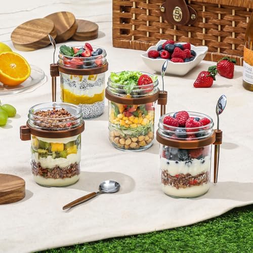 LANDNEOO 4 Pack Overnight Oats Containers with Wooden Lids and Spoons, 16oz Glass Mason Overnight Oats Jars with Lids, Large Capacity Airtight Jars for Milk, Cereal, Fruit