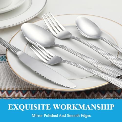 30 Pcs Hammered Silverware Set Service for 6,Stainless Steel Flatware Set,Mirror Polished Cutlery Utensil Set,Durable Home Kitchen Eating Tableware Set,Include Fork Knife Spoon Set,Dishwasher Safe