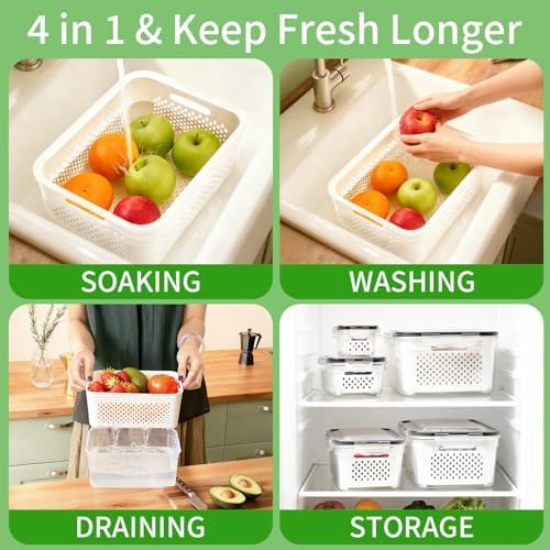 PRAKI Fruit Storage Containers for Fridge with Removable Colander, 5-Pack