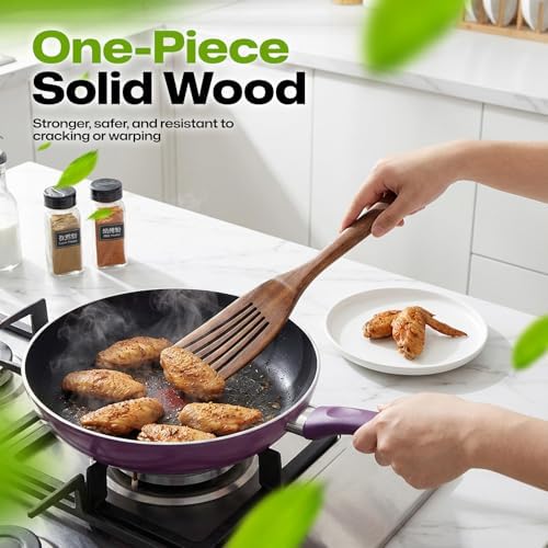 AIUHI Teak Wood Slotted Wok Spatula, Extra Long Wooden Turner for Stir-Frying, Non-Stick Safe Slotted Spatula with Hanging Hole, Ideal for Daily Cooking