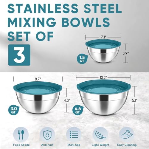 Herogo Stainless Steel Mixing Bowls with Lids Set of 3, 1.5/3/4.6Qt, Blue