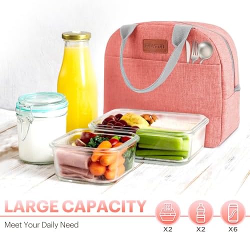 Lunch Bag for Women & Men Adult Insulated Lunch Box, Small Leakproof Cooler Food Lunch Containers Reusable High Capacity Lunch Tote Bags for Work, Travel, Outdoor - Rose Red