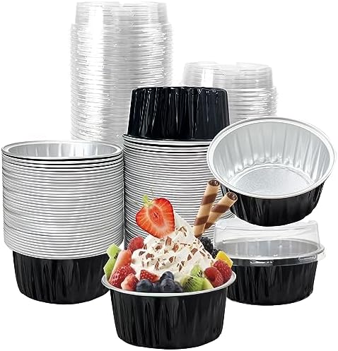 100Pcs Aluminum Cups with Lids,5oz Disposable Ramekin Baking Cups Muffin Liners Mini Pie Pans Foil Cupcake Containers for Christmas Party Wedding Party,Black