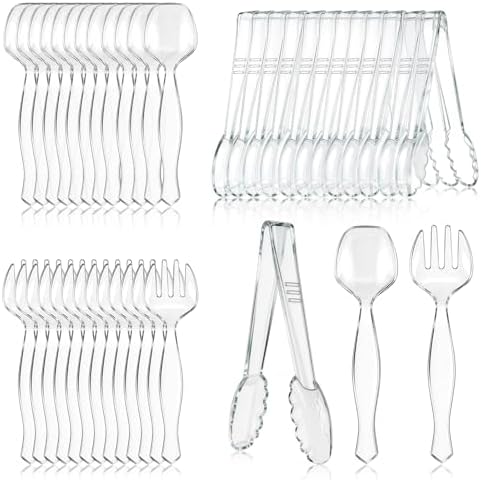 Mwellewm 72Pcs Serving Utensils Large Plastic Serving Utensils Set Serving Spoons for Buffet Clear Disposable Plastic Tongs 8.5'' Heavy Duty Slotted Spoons/Forks Supplies for Party Food Salad Soup