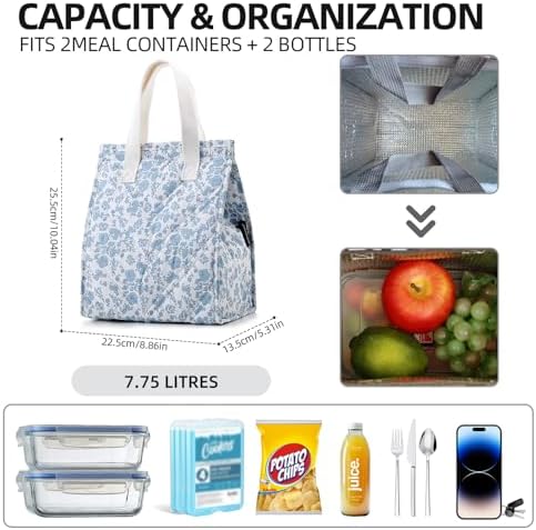 TELLUMO Quilted Floral Lunch Bag for Women, Cute Insulated Blue & White Small Lunch Box, Reusable Leakproof Tote for Work Office