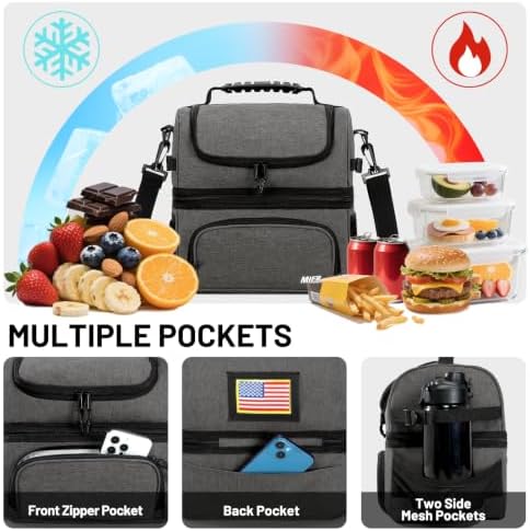 MIER Lunch Box for Men - Dual Compartment Adult Lunch Bag for Work, Grey