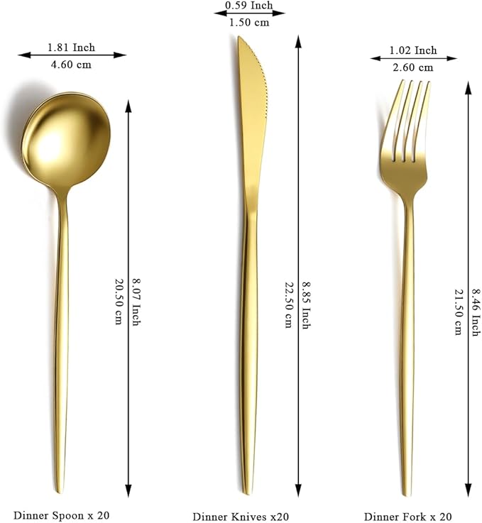Evanda Gold Silverware Set 60 Piece Service for 20, Titanium Gold Plated Stainless Steel Flatware Set, Knives Forks Spoons Cutlery Set for Wedding, Parties, Birthday, Restauroom, Dishwasher Safe