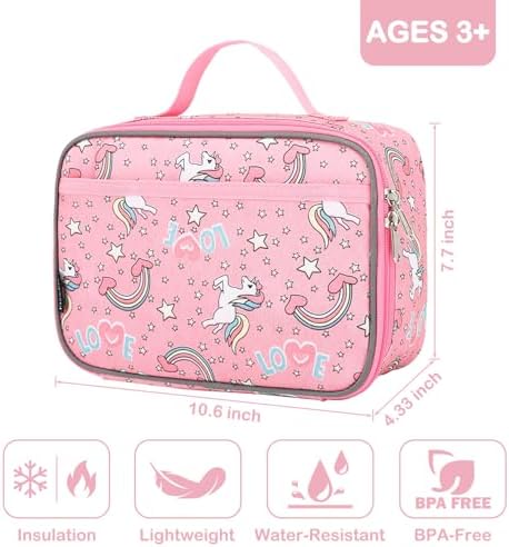 FlowFly Kids Lunch box Insulated Soft Bag Mini Cooler Back to School Thermal Meal Tote Kit for Girls, Boys, Unicorn