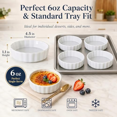 6oz Creme Brulee Ramekins Set of 4 - Ceramic Baking Dishes, Non-Stick Porcelain Pie Dish, Wave Round Baking Dish for Dessert, Pie, Tart, Souffles, Appetizers, Oven and Dishwasher Safe