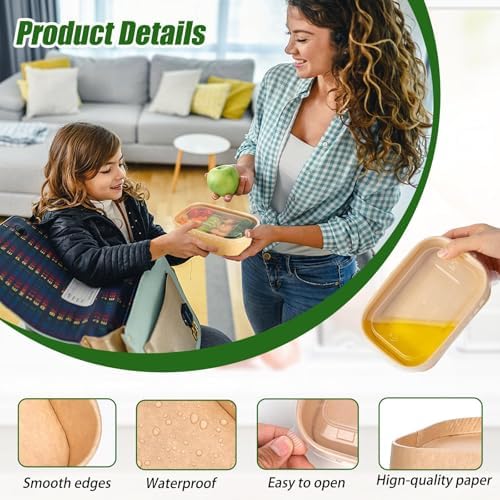 DI QIU REN 50-Pack 25oz Paper Bowls, Disposable Food Containers with Lids and Forks, Cardboard Meal Prep Containers for Diet Salad, Pasta (kraft Paper Rectangular, 25oz 50 Count)