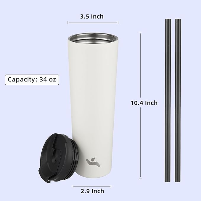 34 OZ Insulated Tumbler with Lid and 2 Straws Stainless Steel Water Bottle Vacuum Travel Mug Coffee Cup,Angel White
