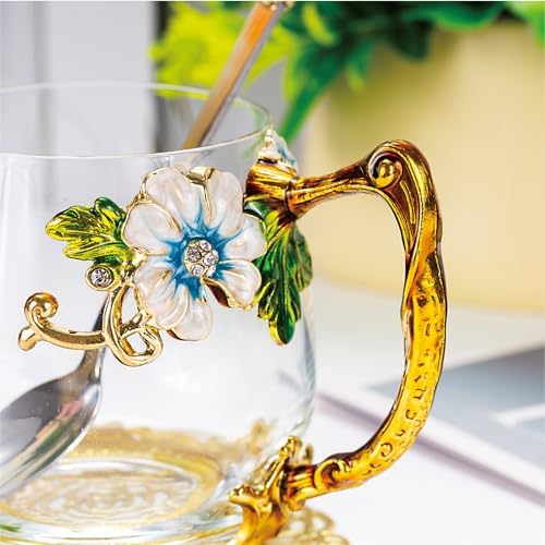 Flower Tea Cup ,Butterfly Daisy Clear Glass Fancy Coffee Mug with Spoon,Gift Box, Hot And Cold Drinks Use,For Her Mom Wife Grandma Girls Friends Valentines Christmas Birthday Present Idea for Juice