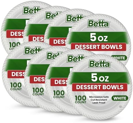 Betta 5 Oz Disposable Plastic Small Dessert Bowls, White, 800 Count, Bulk Case for Schools, Breakrooms and Cafeteria, Microwave Safe (8 Pack Per Box x100)