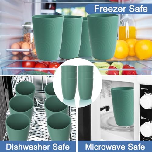 16 OZ Drinking Cups, Wheat Straw Cups Set of 6 - Reusable Water Cups, Unbreakable Plastic Drinking Glasses, Dishwasher Safe Tumbler Cups for Kitchen, Camping, RV -Green