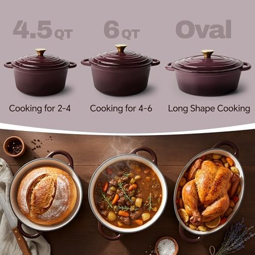 Vintage Style Oval Dutch Oven for Bread Baking, 4.5 Quart Non Stick Enameled Cast Iron Dutch Oven Pot with Lid, Oven Safe Oval Casserole with Lid up to 500°F for Baking, Braising, Stews, Roasting, Fig
