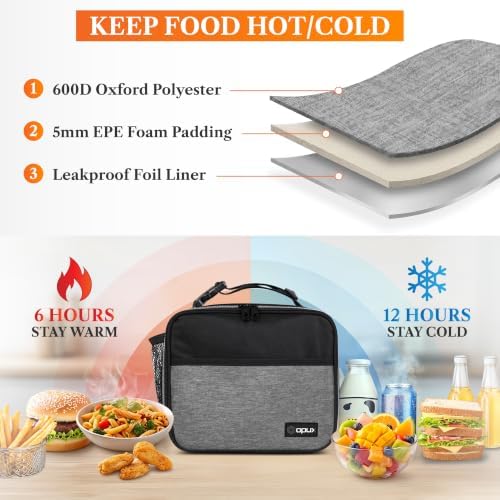 opux Insulated Lunch Bag for Kids, Reusable Lunch Box for School, Gray