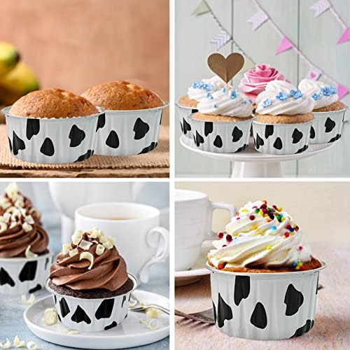 100Pcs Aluminum Cups with Lids,5oz Disposable Ramekin Baking Cups Muffin Liners Mini Pie Pans Foil Cupcake Containers for Christmas Party Wedding Party,Cow Print