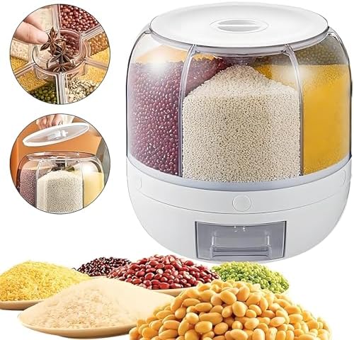 Rotating Grain Storage Bin 6 Grids Rice Container One-Click Output Large Capacity Food Dispenser For Rice Grains Sealed Moisture Proof Organizer (Grey) (Small)