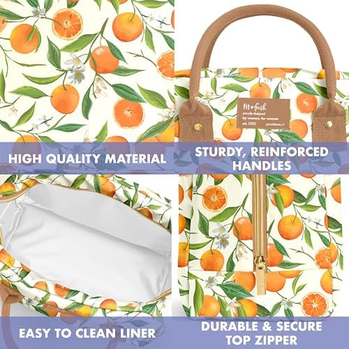 Fit & Fresh Bloomington Lunch Bag for Women - Insulated Large Lunch Box for Work with Containers, Leak-Resistant, Stain-Resistant, Zipper Closure, Orange Blossoms