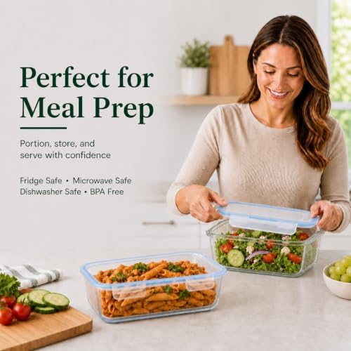2 Pack 63oz Large Glass Storage Containers with Lids Big Meal Prep Food Container Set for Storing food, vegetables or fruits, BPA Free, Freezer Dishwasher Oven Safe