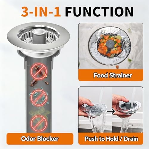 Solid Brass Body 3-in-1 Kitchen Sink Drain Strainer & Stopper, Heavy Duty Pop Up Plug Assembly with 2 Baskets, Anti-Clog Replacement for US Standard 3-1/2 Inch Drains, Rust-Proof Silver