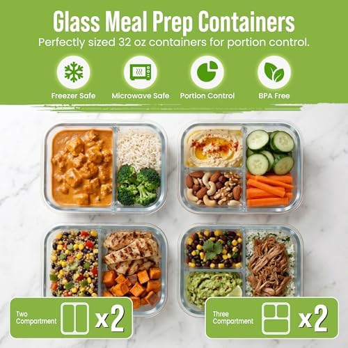 Glass Meal Prep Containers 2 and 3 Compartments, Leak-Proof, 32 oz, 4 Pack