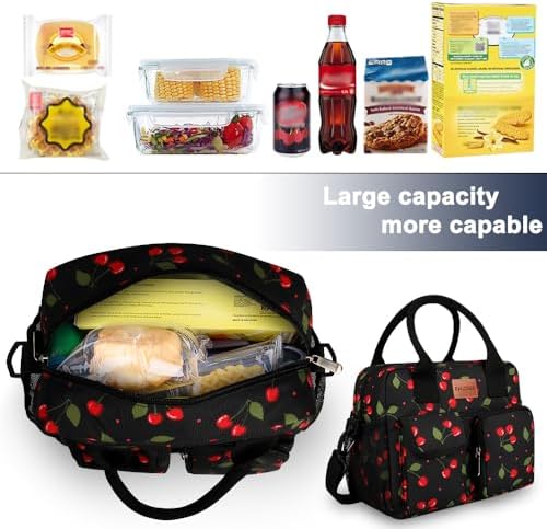 BALORAY Lunch Bag for Women Men Adult Lunch Box (Cherry with strap), L