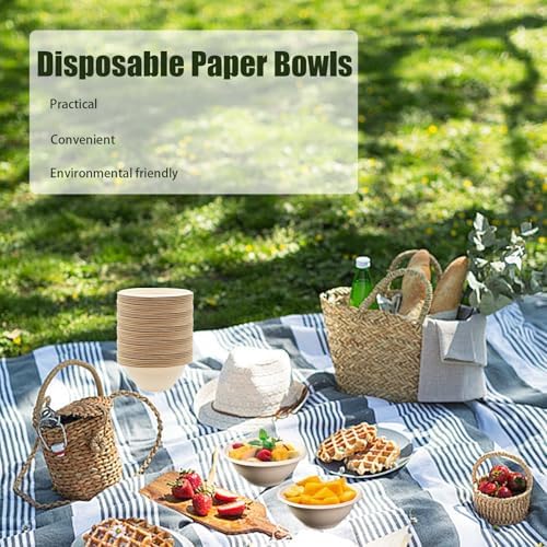 100 Pack 8oz Compostable Paper Bowls,Heavy-Duty Disposable Natural Bagasse Bowls,Biodegradable Soup Bowls,Eco-Friendly,Heat Resistant,for Ice Cream,Salad,Soup,Snack,Dessert,Pasta,Hot or Cold Use