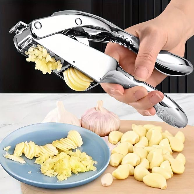 3 in1 Garlic Press Stainless Steel – Heavy Duty Garlic Crusher & Mincer with Cleaning Tool, Ergonomic Easy Squeeze Handle, Rust-Proof Dishwasher Safe Garlic Mincer for Kitchen